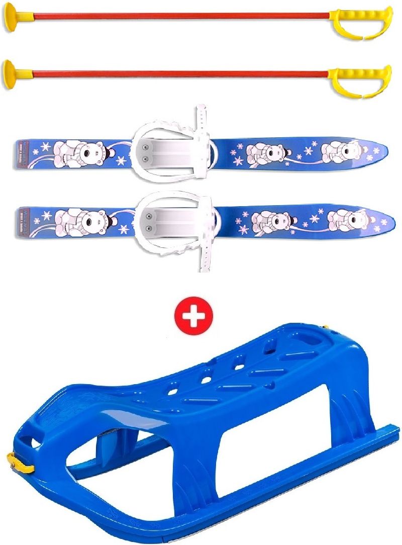 Akční set - modré plastové sáně Snow Star + Baby Ski 70 cm - dětské plastové lyže - modré - obrázek 1