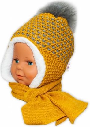 BABY NELLYS Zimní čepička s kožíškem a šálou - hořčicová - obrázek 1