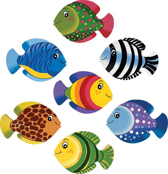 Dětská dřevěná dekorace Sada barevných rybiček na stěnu – 7ks na zeď - obrázek 1
