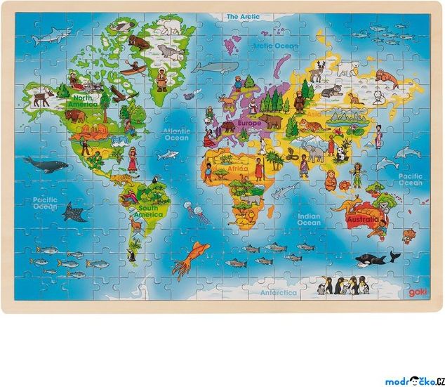 Puzzle na desce - Velké, Mapa světa, 192ks (Goki) - obrázek 1