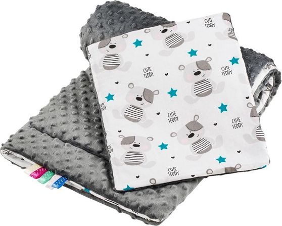 NEW BABY Oboustranný Set z Minky do kočárku teddy šedý s tyrkysovými hvězdičkami Bavlna/Polyester, 75x100, 30x35 cm - obrázek 1