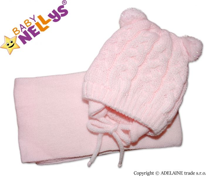 Baby Nellys BABY NELLYS Zimní pletená čepička s šálou Mimi Bear s bambulkami - sv. růžová - obrázek 1