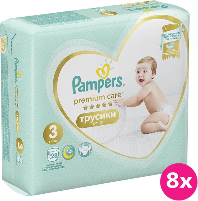 8x PAMPERS Premium Care Pants 3 MIDI (6-11 kg) 28 ks Carry Pack – plenkové kalhotky - obrázek 1