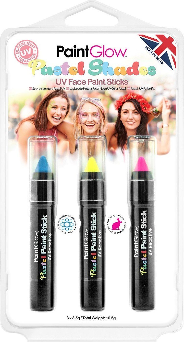 PAINTGLOW Sada pastelových UV tužek na obličej (modrá, žlutá, růžová) - obrázek 1