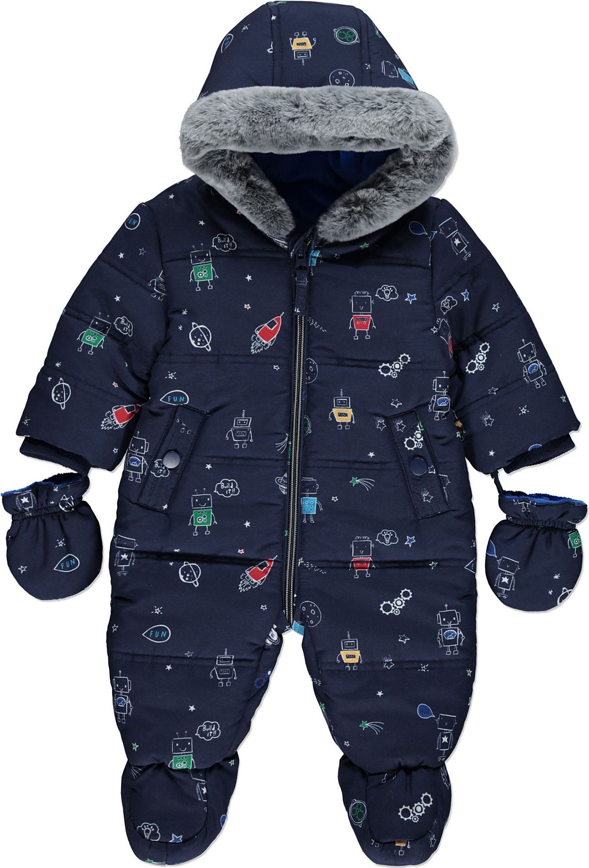 Kojenecká zimní kombinéza GEORGE, motiv roboti, kapuce s kožíškem Velikost: 56 - 62cm (0 - 3 měsíce) - obrázek 1