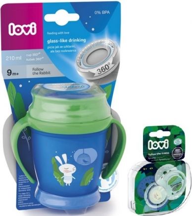 Kouzelný hrneček 360° LOVI 9+, modro/zelený - Králíček, 210ml + sada 2ks dudlíků zdarma - obrázek 1