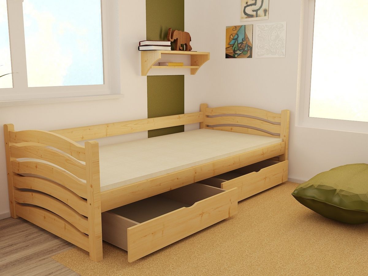 DĚTSKÁ POSTEL ANETA SUROVÉ DŘEVO S ŠUPLÍKY 200 x 90 cm - obrázek 2