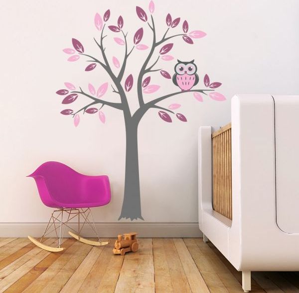 Samolepka na zeď  Strom a růžová sova - obrázek 1