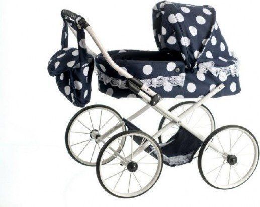 Teddies Kočárek pro panenky malý Ewa RETRO výška rukojeti 55cm nastavitelná černý s puntíky s krajkou - obrázek 1