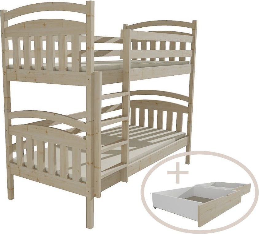 DĚTSKÁ PATROVÁ POSTEL MÍŠA SUROVÉ DŘEVO S ŠUPLÍKY 200 x 90 cm