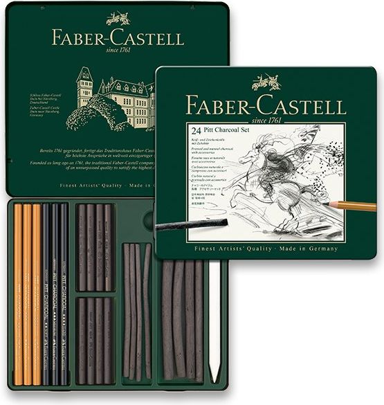 Faber-Castell Uhel Pitt Monochrome Charcoal plechová krabička, 24ks 112978 - obrázek 1