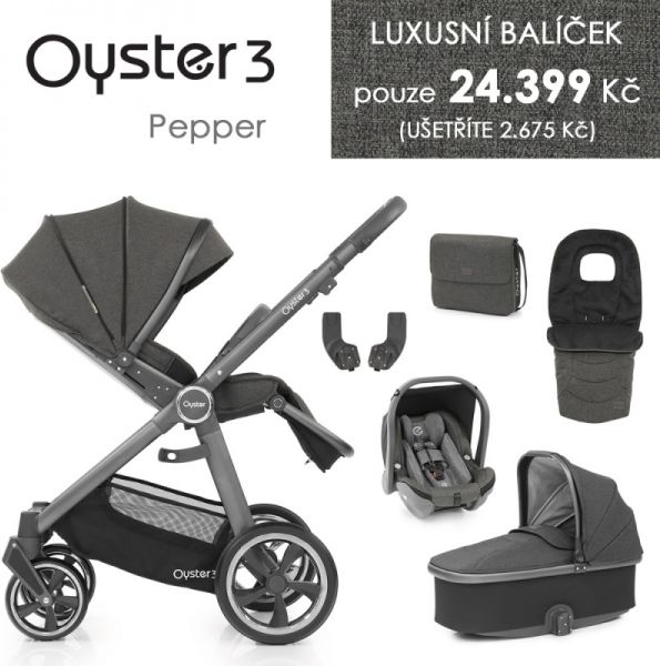 Oyster 3 Luxusní set 6 v 1 PEPPER (CITY GREY rám) kočár + hl.korba + autosedačka + adaptéry + fusak + taška - obrázek 1