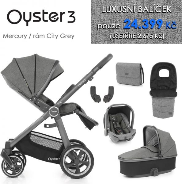 Oyster 3 Luxusní set 6 v 1 MERCURY (CITY GREY rám) kočár + hl.korba + autosedačka + adaptéry + fusak + taška - obrázek 1