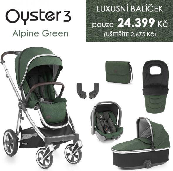 Oyster 3 Luxusní set 6 v 1 ALPINE GREEN (MIRROR rám) kočár + hl.korba + autosedačka + adaptéry + fusak + taška - obrázek 1