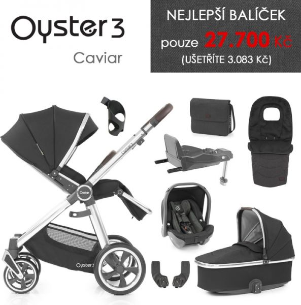 Oyster 3 Nejlepší set 8 v 1 CAVIAR (MIRROR rám) kočár + hl.korba + autosedačka + adaptéry + fusak + taška + isofix báze + držák na nápoje - obrázek 1