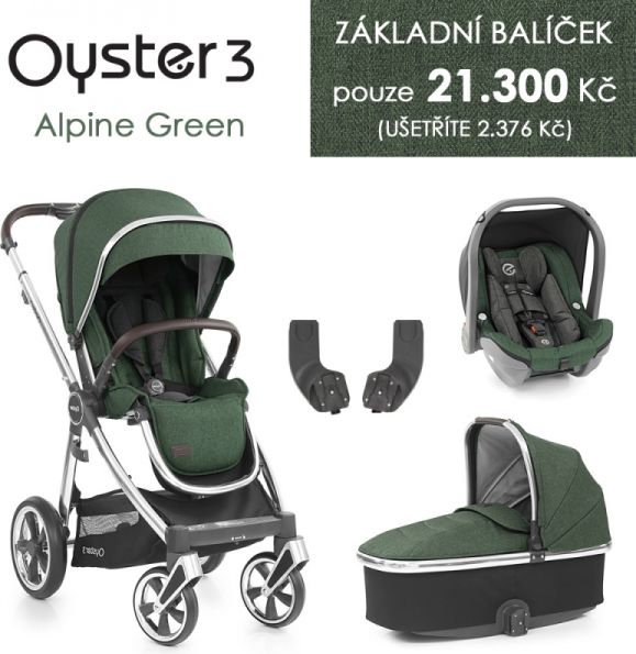 Oyster 3 Základní set 4 v 1 ALPINE GREEN (MIRROR rám) kočár + hl.korba + autosedačka + adaptéry - obrázek 1