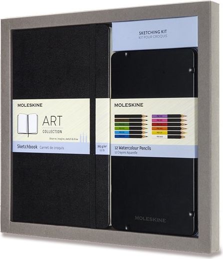 Moleskine Skicář - tvrdé desky L, dárková sada s akvarelovými pastelkami 12 ks, černý A5 čistý - obrázek 1