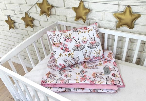 Baby Nellys 2-dílná sada do postýlky Velvet růžový, labutě korunka - obrázek 1