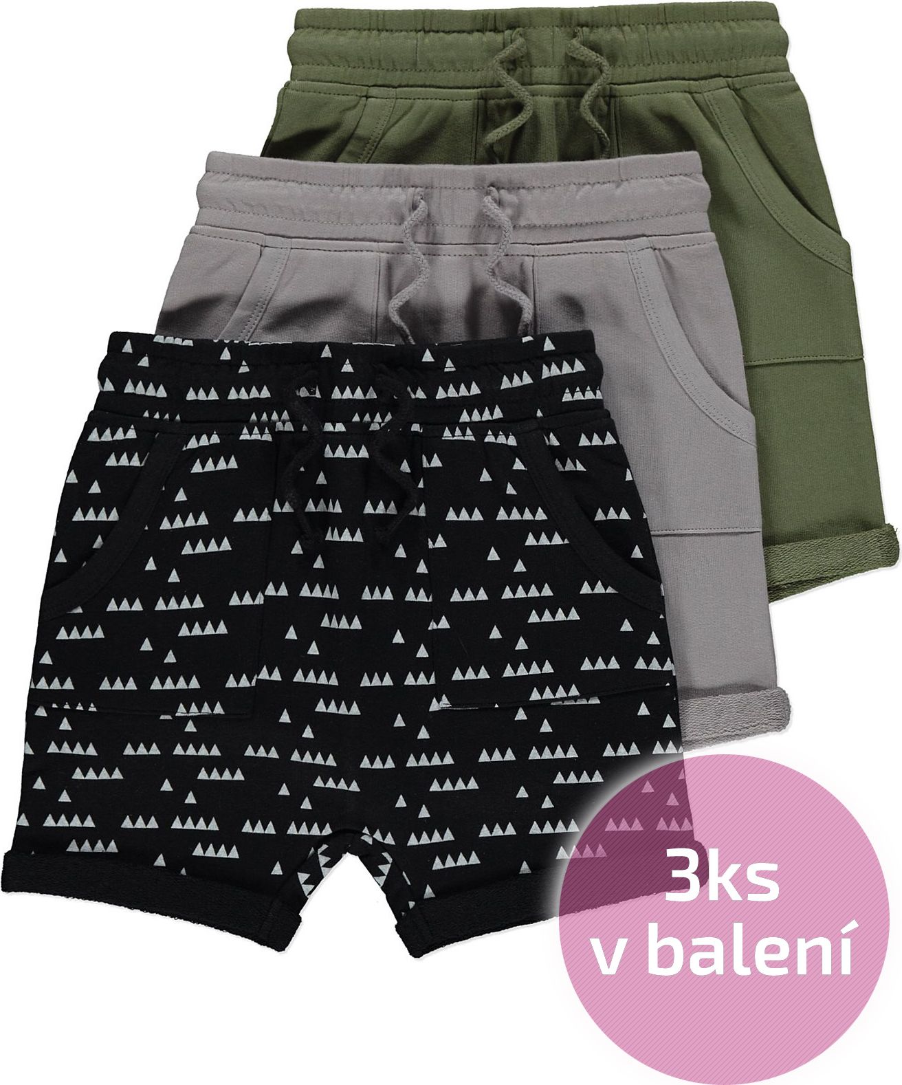 Chlapecké kraťasy GEORGE, 3ks v balení, khaki, šedé a černé Velikost: 110 - 116cm (5 - 6 let) - obrázek 1