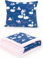 Sada 2-dílná LUX - dětská deka a polštářek - LABUTĚ na tmavě modrém s růžovou - obrázek 1