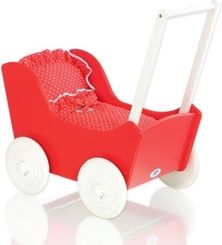 Kočárek pro panenky dřevěný - MILA červený/tečky na červeném - obrázek 1