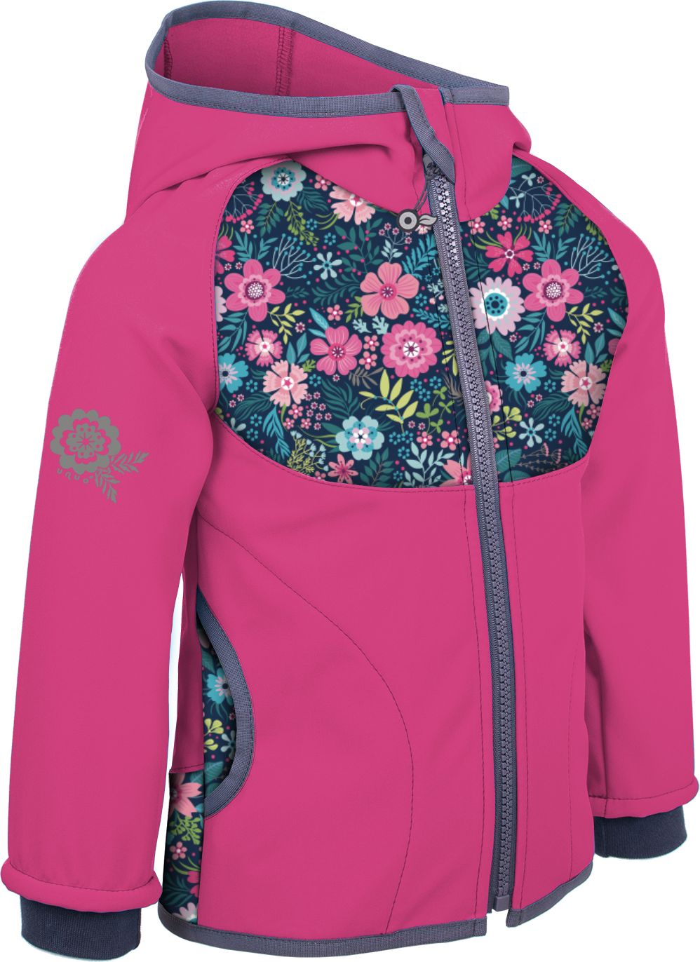 unuo Softshellová bunda s fleecem Květinky fuchsiová (Fleece softshell jacket flowers fuchsia) Velikost (Size): 98/104 - obrázek 1