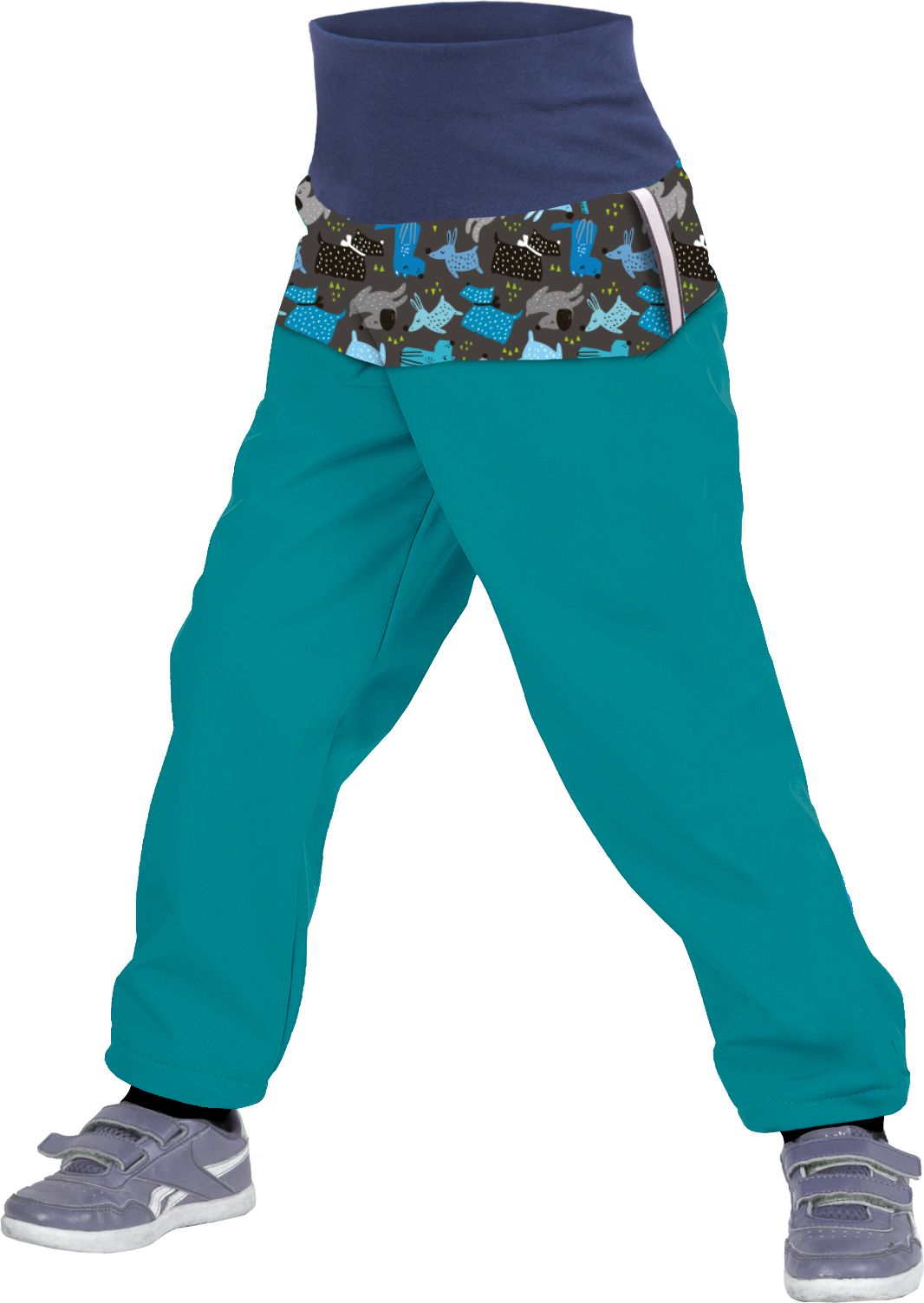 Unuo, Batolecí softshellové kalhoty s fleecem, Smaragdová, Pejsci (Softshell toodler trousers) Velikost (Size): 98/104 SLIM - obrázek 1