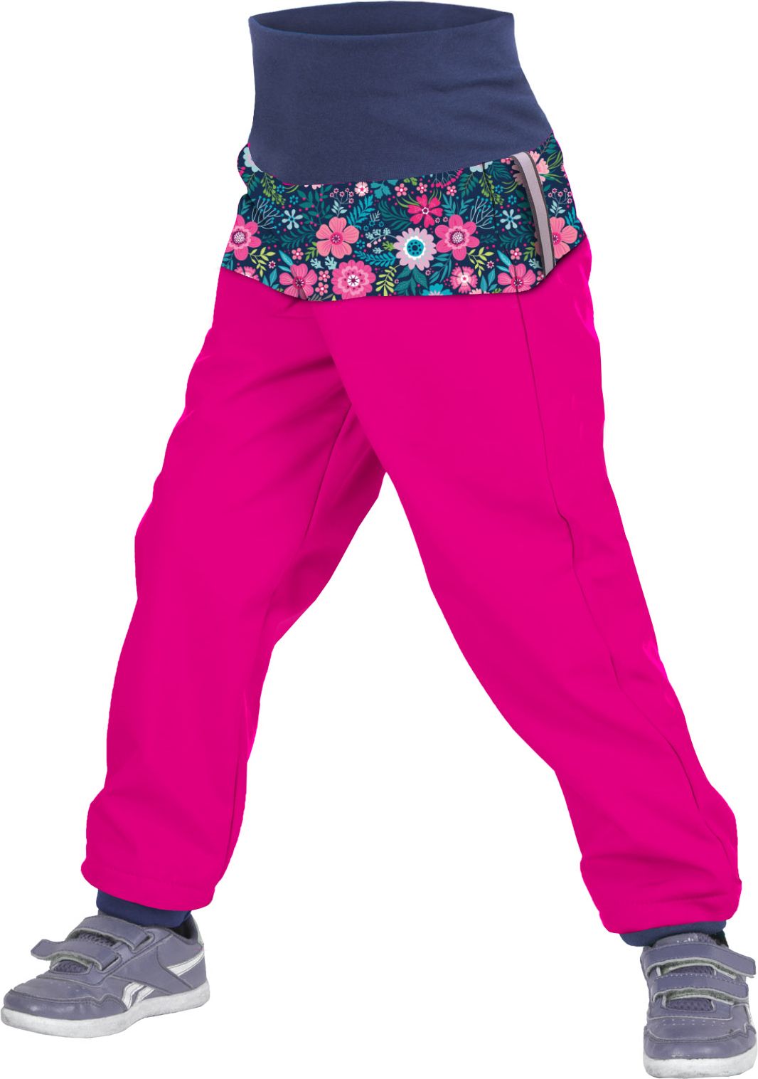 unuo Batolecí softshellové kalhoty s fleecem Květinky fuchsiové (Softshell toddler trousers with fleece, flowers, fuchsia) Velikost (Size): 92/98 SLIM - obrázek 1