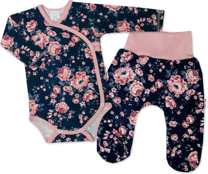 Baby Nellys Baby Nellys 2-dílná sada, body dl.rukáv zap. bokem + polodupačky Růžičky, granát 50 - obrázek 1