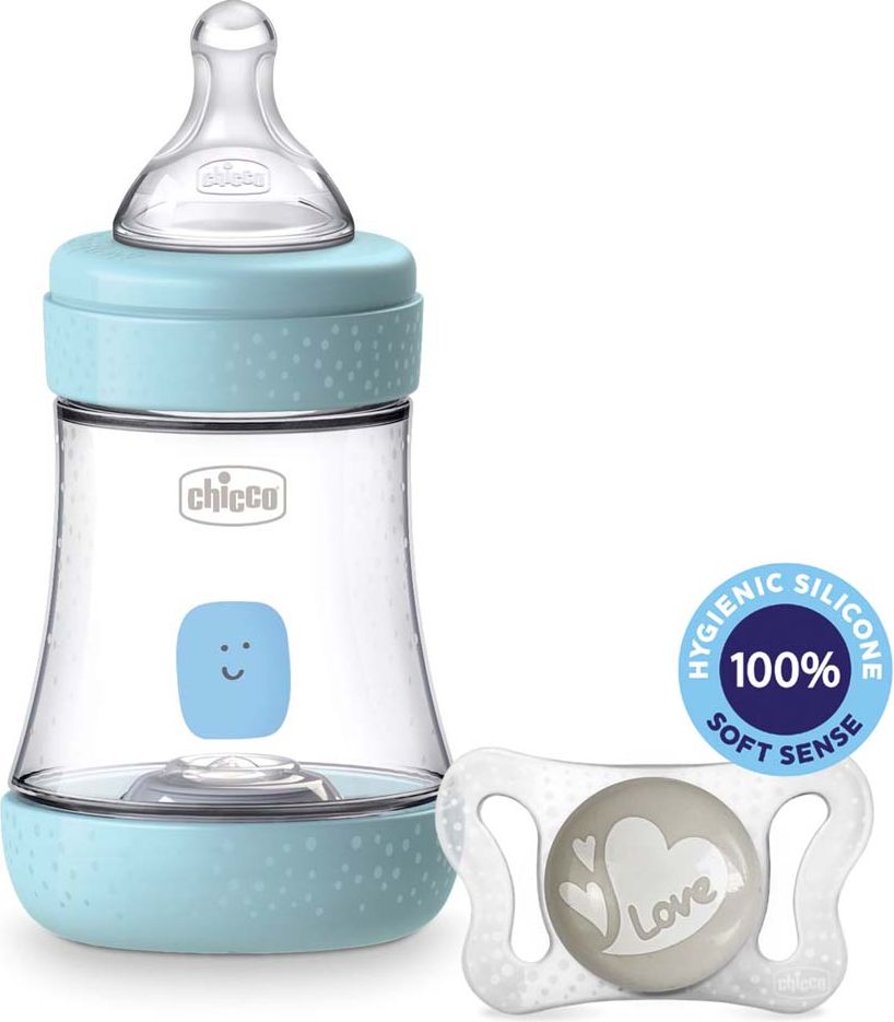 CHICCO Láhev kojenecká Perfect 5 silikon, 150 ml kluk + vzorek Šidítko Physio Micro 0-2m - obrázek 1