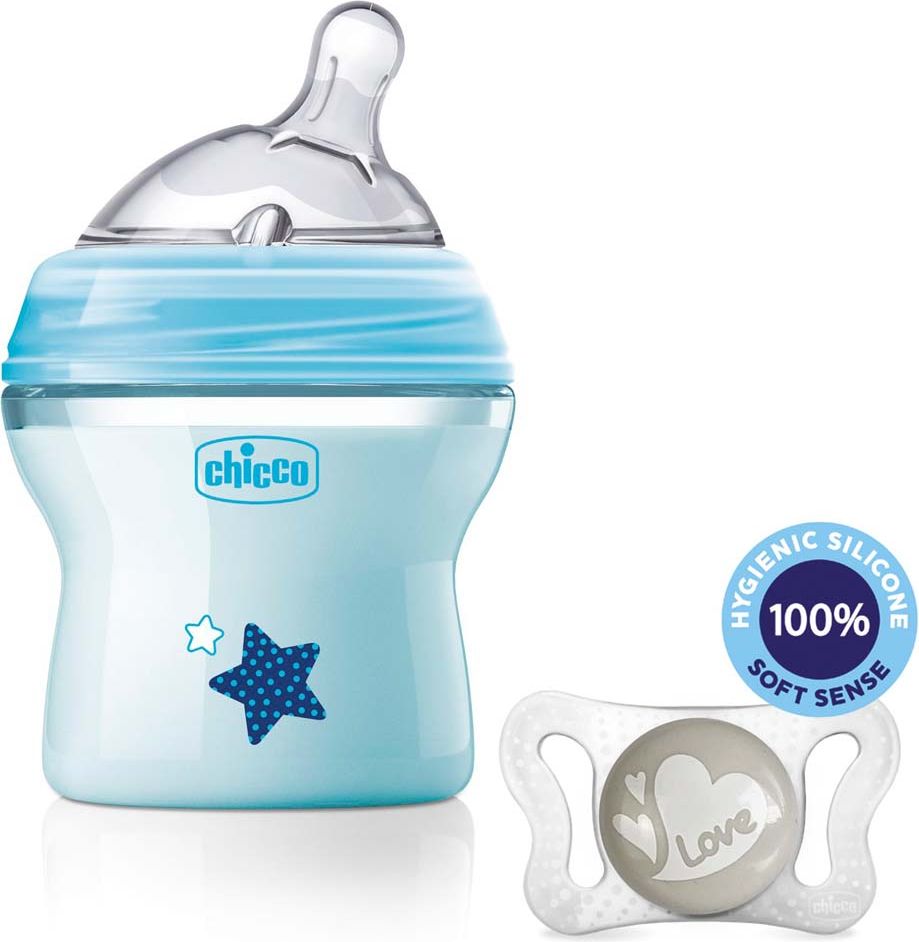 CHICCO Láhev kojenecká Natural Feeling 150 ml, chlapec 0m + vzorek Šidítko Physio Micro 0-2m - obrázek 1