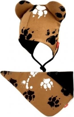 Bexa dvouvrstvá čepice na zavazování s oušky + šátek - Tlapky, hnědá - obrázek 1