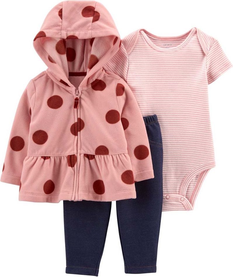 CARTER'S Set 3dílný fleece kabátek, kalhoty, body kr. rukáv Pink Dots dívka NB - obrázek 1