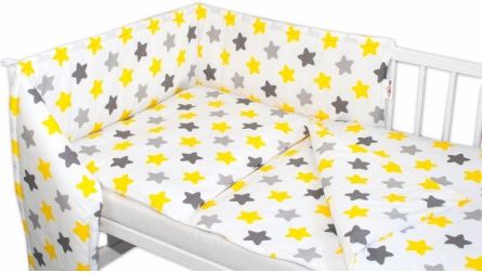 Baby Nellys 3-dílná sada Mantinel s povlečením - Barevné hvězdičky - žluté/šedé, Velikost povlečení 120x90 - obrázek 1