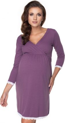 Be MaaMaa Těhotenská, kojící noční košile s krajkou, 3/4 rukáv - fialová, vel. L/XL - obrázek 1