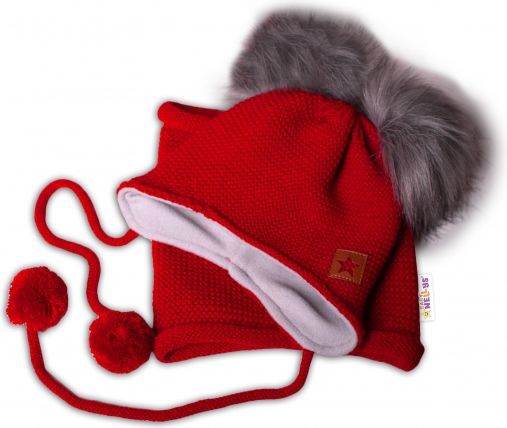 Baby Nellys Zimní čepice s fleecem a chlupáčkové bambulky Star + komínek - červená - obrázek 1