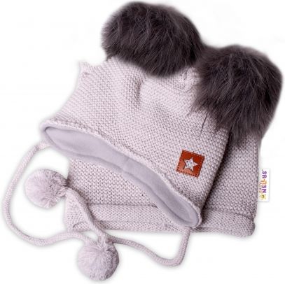 Baby Nellys Zimní čepice s fleecem a chlupáčkové bambulky Star + komínek - šedá, 98/104 - obrázek 1