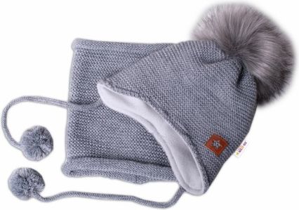 BABY NELLYS Zimní čepice s fleecem a chlupáčková bambule Star + komínek - šedá, Velikost koj. oblečení 98-104 (2-4r) - obrázek 1