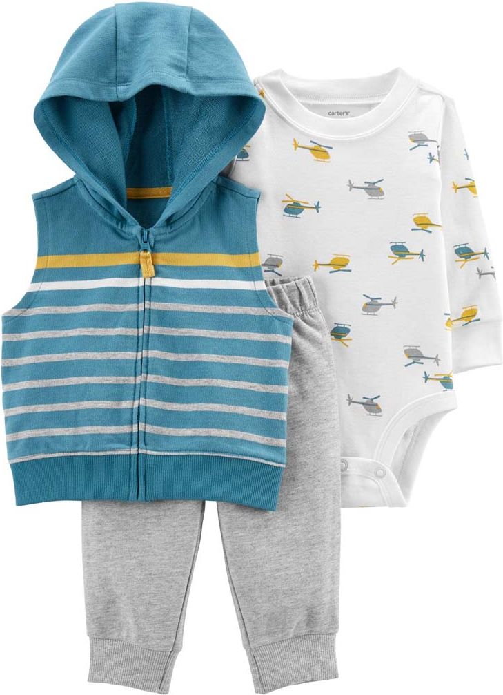CARTER'S Set 3dílný vesta, body dl. rukáv, tepláky Stripes Helicopter chlapec NB - obrázek 1