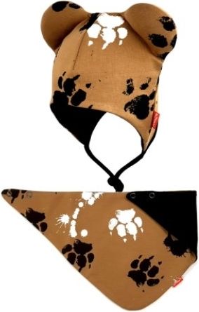 Bexa Bexa dvouvrstvá čepice na zavazování s oušky   šátek - Tlapky, hnědá, vel. 92/98 - obrázek 1