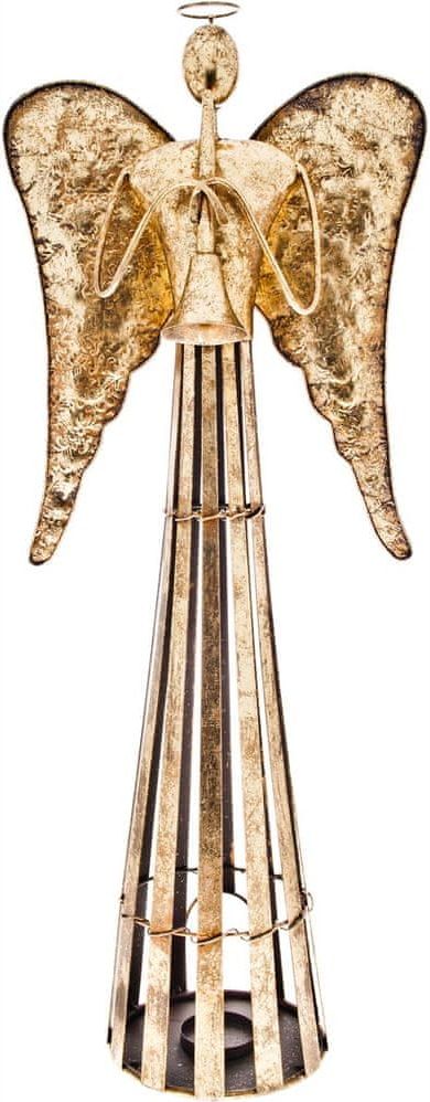Decorium Anděl Patin s trubkou, svícen plechový zlatý 80 cm - obrázek 1