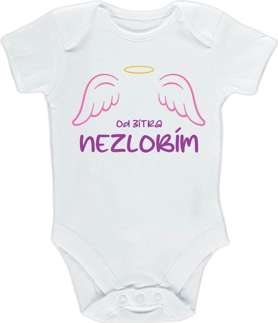 Kojenecké body Ellie Bee, krátký nebo dlouhý rukáv, barva bílá, motiv "Od zítra nezlobím" Velikost: 0 - 3 měsíce (56 - 62cm), Rukáv: krátky - obrázek 1