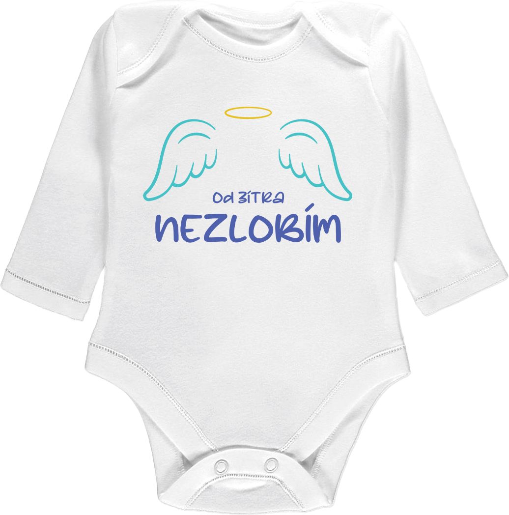 Kojenecké body Ellie Bee, krátký nebo dlouhý rukáv, barva bílá, motiv "Od zítra nezlobím" Velikost: 0 - 3 měsíce (56 - 62cm), Rukáv: dlouhý - obrázek 1