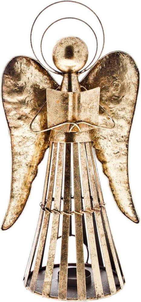Decorium Anděl Patin s knihou, svícen plechový zlatý 40 cm - obrázek 1