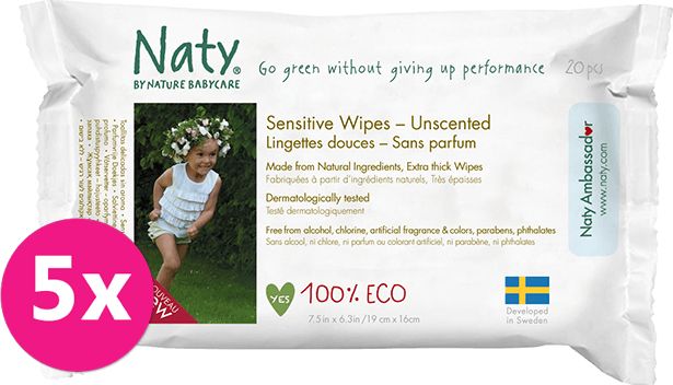 5x ECO BY NATY Ubrousky vlhčené cestovní neparfumované Sensitive Eco 20 ks - obrázek 1