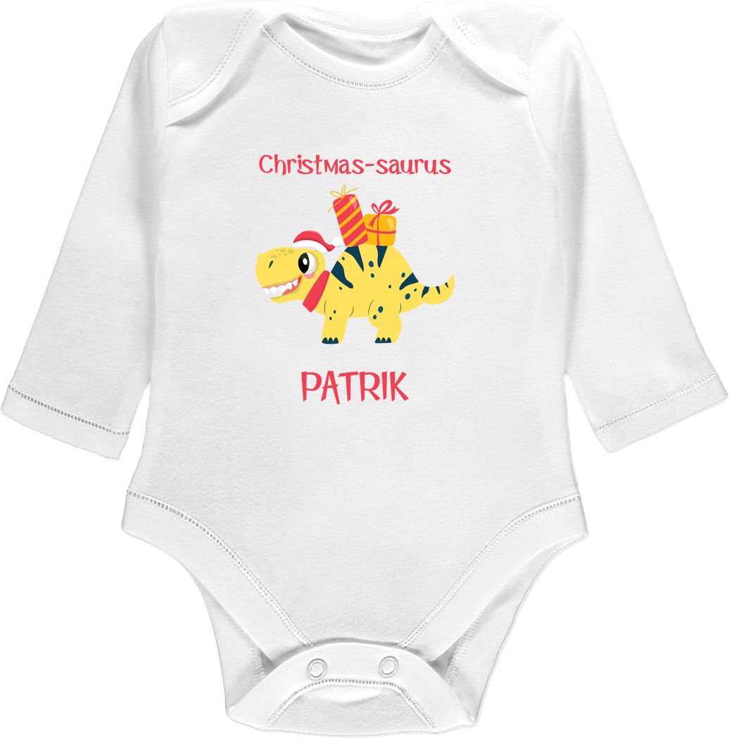 Kojenecké body Ellie Bee, krátký nebo dlouhý rukáv, barva bílá, motiv "Christmas-saurus" se jménem dítěte Velikost: 0 - 3 měsíce (56 - 62cm), Rukáv: dlouhý - obrázek 1