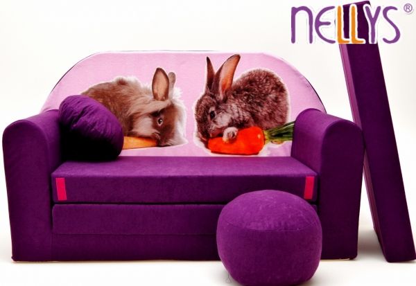 NELLYS Rozkládací dětská pohovka 56R - Zajíčci ve fialové - obrázek 1