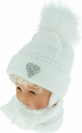 BABY NELLYS Zimní čepička s šálou - chlupáčková bambulka - bílá se srdíčkem - obrázek 1