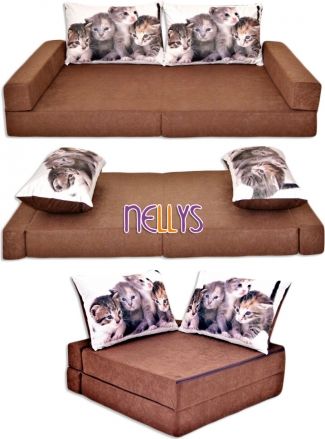 NELLYS Rozkladací dětská pohovka 3 v 1 - P23 - Kočičky v hnědé - obrázek 1