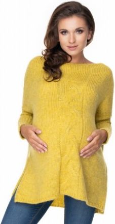 Be MaaMaa Volný těhotenský svetr hořčicový- vzor pletený cop - obrázek 1